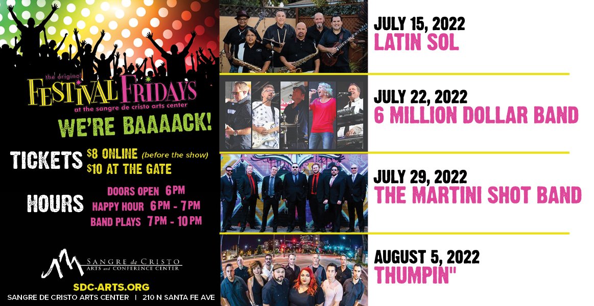 SDCArtsCenter's tweet photo. FESTIVAL FRIDAYS ARE BACK!! It all kicks off on July 15th with Latin Sol. Get your tickets NOW at https://t.co/yaCvwPR7BP #FestivalFridays #PuebloEvents #attheartscenter https://t.co/NIOqOrXReu