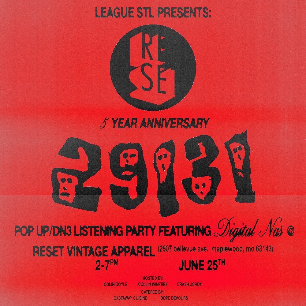 punkbustar's tweet photo. ST.LOUIS!! I told y’all we were doing something cool this year. Reset 5 year anniversary featuring Digital Nas. DN3 listening party and 29131 pop up.  2-7pm Saturday, June 25th. SEE U THERE !😸 @DIGITALNAS @crashjordy https://t.co/VCKf7k2xQv