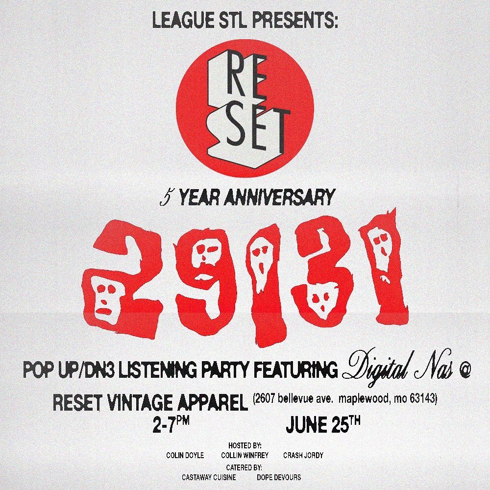 punkbustar's tweet photo. ST.LOUIS!! I told y’all we were doing something cool this year. Reset 5 year anniversary featuring Digital Nas. DN3 listening party and 29131 pop up.  2-7pm Saturday, June 25th. SEE U THERE !😸 @DIGITALNAS @crashjordy https://t.co/VCKf7k2xQv
