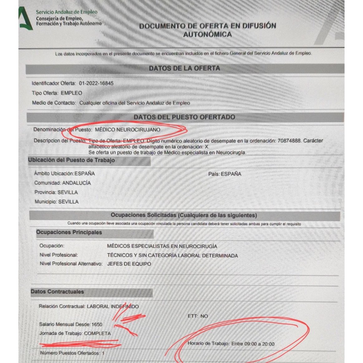 Unneurocx's tweet photo. Faltan médicos, dicen. 
Y sacan esta oferta de empleo: https://t.co/ZCvYVLv6pg