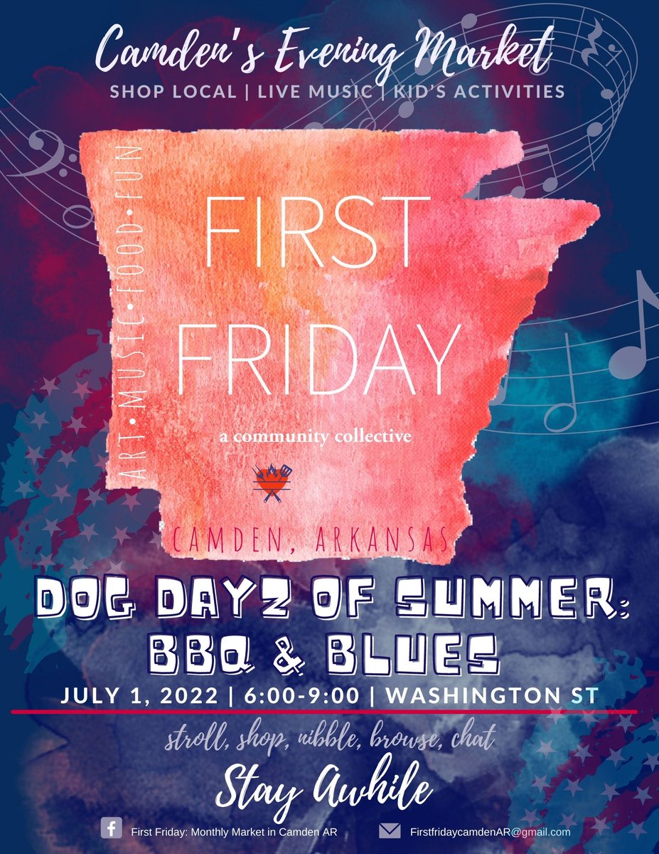 FirstMonthly's tweet image. Join us on July 1 for Dog Dayz of Summer: BBQ &amp;amp; Blues, Downtown Camden 6-9PM.  #firstfridaymarket  #camdenar  #food  #livemusic  #fun