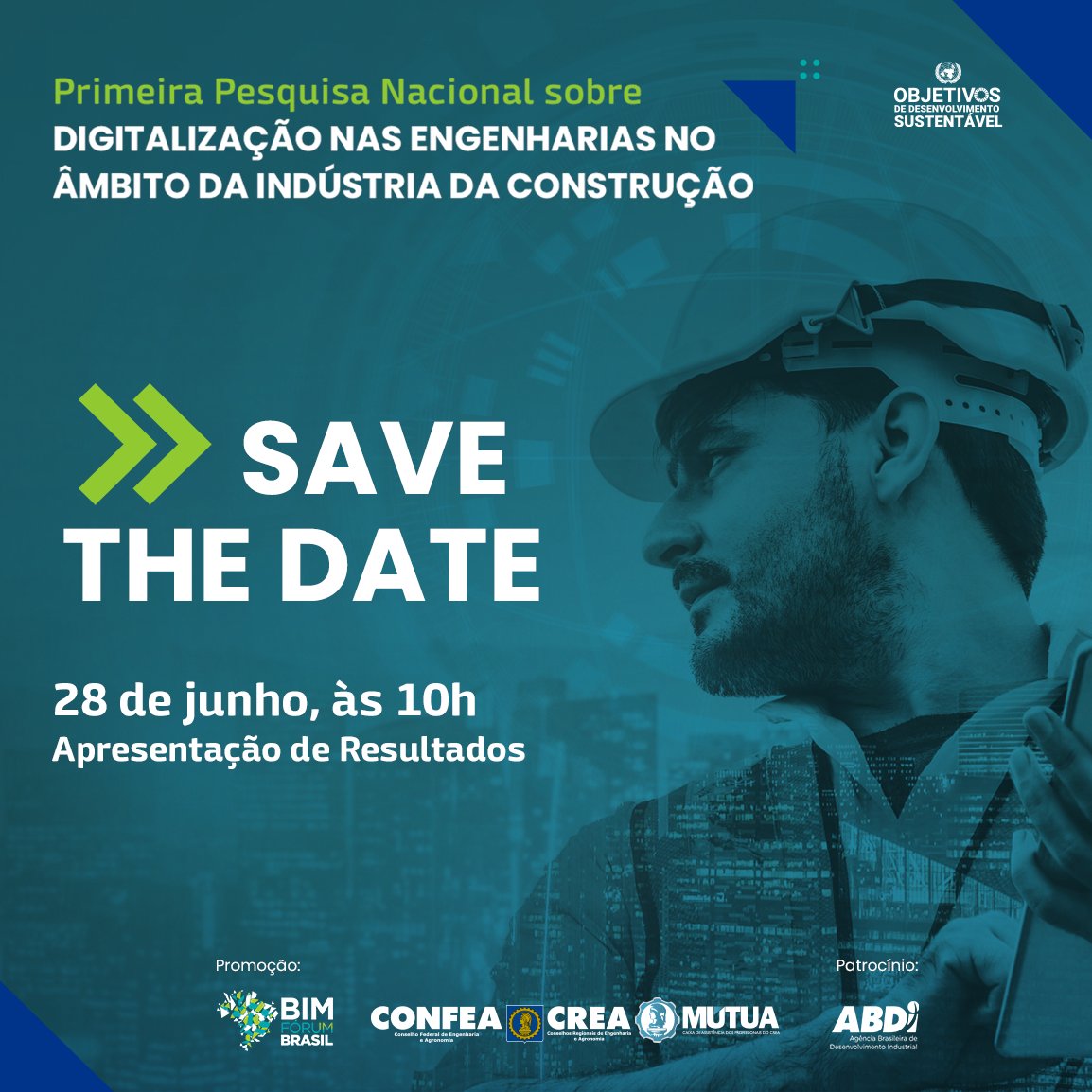 confea_'s tweet photo. 28 de junho, às 10h. Reserve esta data.

Você vai conhecer em primeira mão os resultados da Primeira Pesquisa Nacional sobre Digitalização nas Engenharias no âmbito da Indústria da Construção.

Programe-se. A apresentação será transmitida pelo canal do YouTube do BFB.

#Confea https://t.co/cc3fekp7Jw