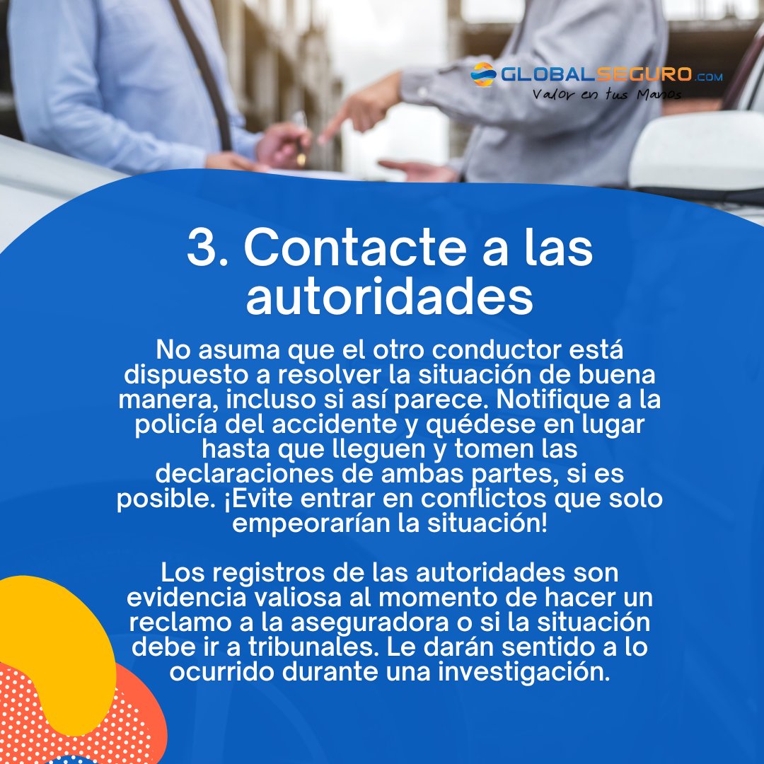 GlobalSeguro's tweet image. Esperamos que nunca tengas un accidente de tránsito. Pero es importante que leas algunas recomendaciones de cómo actuar en esa situación.

¿No tiene una póliza contra accidentes de tránsito o tiene alguna consulta? Contáctenos y reciba asesoría personalizada.