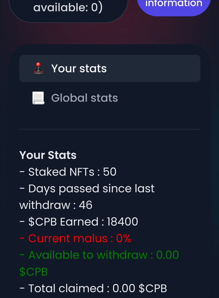 BingCheng3's tweet photo. @stetur_nft @PrimateCronos @PrimateCronos Do I have to wait till 25 June to withdraw the CPB token earned? Been staking for the past 46 days but my CPB token available for withdrawal show 0.... https://t.co/EOa989lKFh