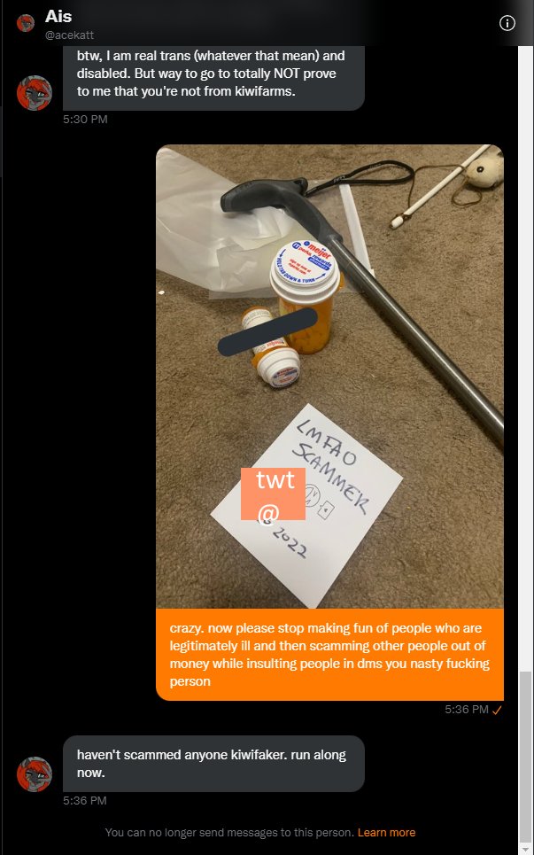 Grumpygilly2's tweet photo. They've done a lot of hateful things in the past but have been forgiven because "people change" but as you know, A tiger never changes their stripes 😁 

Here is Ace accusing someone of being a "kiwifaker" - Being a Kiwifarmer and faking their disability/mental illness https://t.co/KMgfBKWTgL