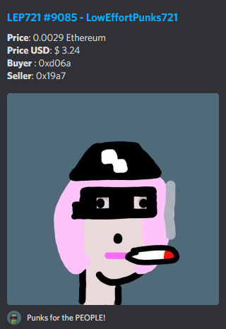 LEP_bot721's tweet photo. A beatiful @LEP721 sold for .0029
Punks for the PEOPLE!
Thank you for your support 
beep boop
0% royalties
Enjoy collecting!
#LEP721 #NFTCommunity #art https://t.co/YM8hr9VJFZ