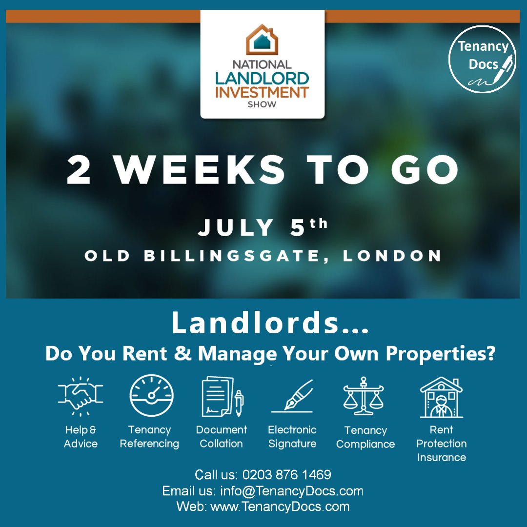 TenancyD's tweet photo. @TenancyDocs at the @LandlordInShow in 2 weeks and counting.. Come &amp; see us at Old Billingsgate in London on 5th July.

Register for free tickets https://t.co/VDJ7MJ6JhL

#LandlordInShow #tenancydocs #landlordservices #tenancycompliance #landlords #landlordsuk #oldbillingsgate https://t.co/igG6I9MtvJ