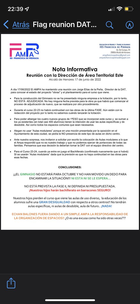 De nuevo nos sentimos engañados, de nuevo otra decepción y esta vez más grande aún si cabe. 1º fue la culpa de la constructora, la pandemia, Filomena y ahora la guerra
Nuestros hijos sufren una desigualdad
<a href="/eossoriocrespo/">Enrique Ossorio</a> <a href="/MalvarezNadia/">Nadia Álvarez</a> <a href="/IdiazAyuso/">Isabel Díaz Ayuso</a> <a href="/ComunidadMadrid/">Comunidad de Madrid</a> <a href="/JudithPiquet/">Judith Piquet</a>