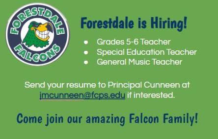 We are looking for passionate, talented, and caring educators to join our incredible <a href="/ForestdaleES/">Forestdale ES</a> Family! 💚🦅#ForestdaleStrong <a href="/FCPSR3/">FCPS Region 3</a> <a href="/fcpsnews/">Fairfax Schools 🌟</a>