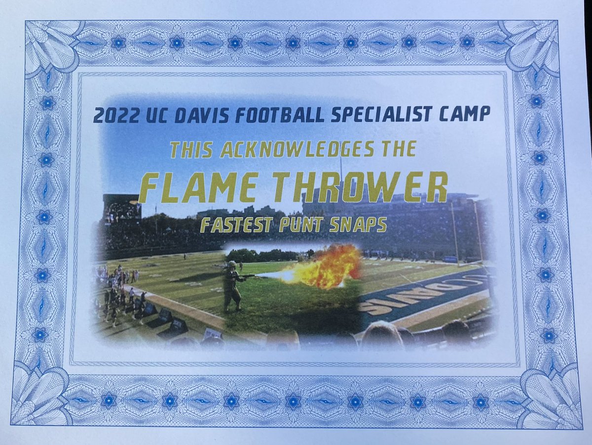 eyerman01's tweet image. Thank you to @UCDfootball and @TheCoachHicks5 for hosting an amazing camp this past Saturday. I was awarded “The Flamethrower” award for fastest snap time!

@ARCBeaverBall