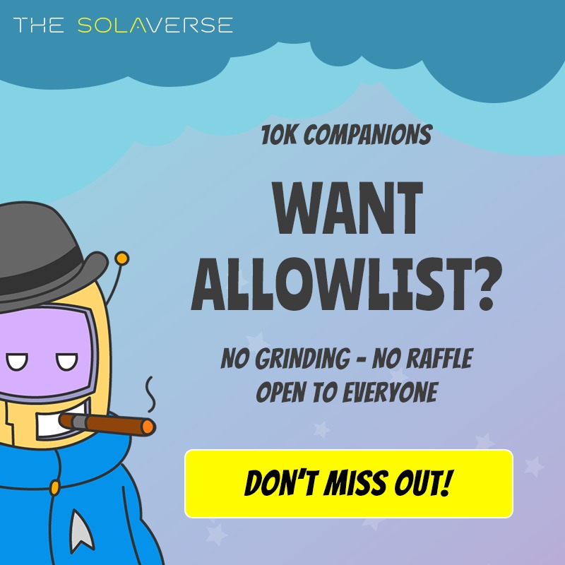 We’re launching our Allow list! 🚀

Minting gives you early access to the first <a href="/the_solaverse/">The SolaVerse 🪐</a> Play2Earn game, <a href="/OperationDawn_/">Operation Dawn (P2E)</a>

Companions early access starts on July 1st

Get 10% extra in-game rewards too! 💪

premint.xyz/companions-all…