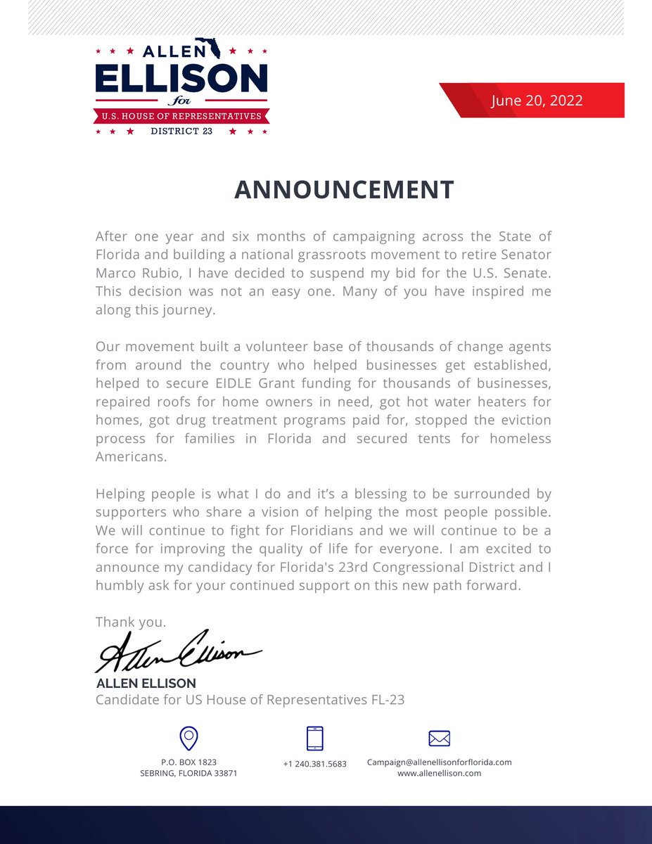 AllenLEllison's tweet photo. *CAMPAIGN UPDATE*

I am humbled to announce that I am running for the US House of Representatives to represent Florida’s 23rd Congressional District. I hope to have your continued support. Let’s chart a new path forward.💙🇺🇸 https://t.co/GghUZlsGd6