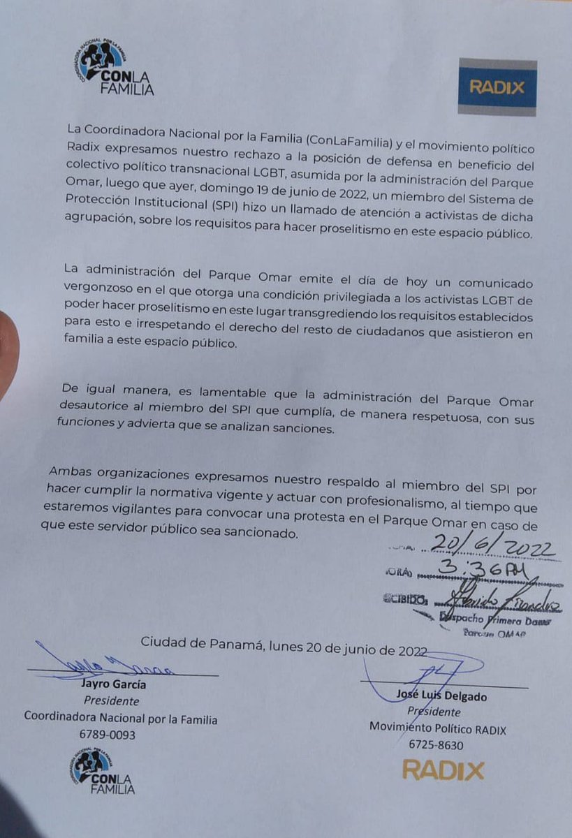 En Radix no sólo hablamos por redes sociales, vamos a la acción, envíamos una nota de rechazo ante la medida de la administración del parque Omar y amplia solidaridad con el miembro del SPI, los cambios se hacen desde la RAÍZ. <a href="/PrimeraDamaPma/">Despacho Primera Dama de Panamá</a> <a href="/SPIPanama/">SPI</a> <a href="/radixpa/">Radix</a> <a href="/tvnnoticias/">TVN Noticias</a>