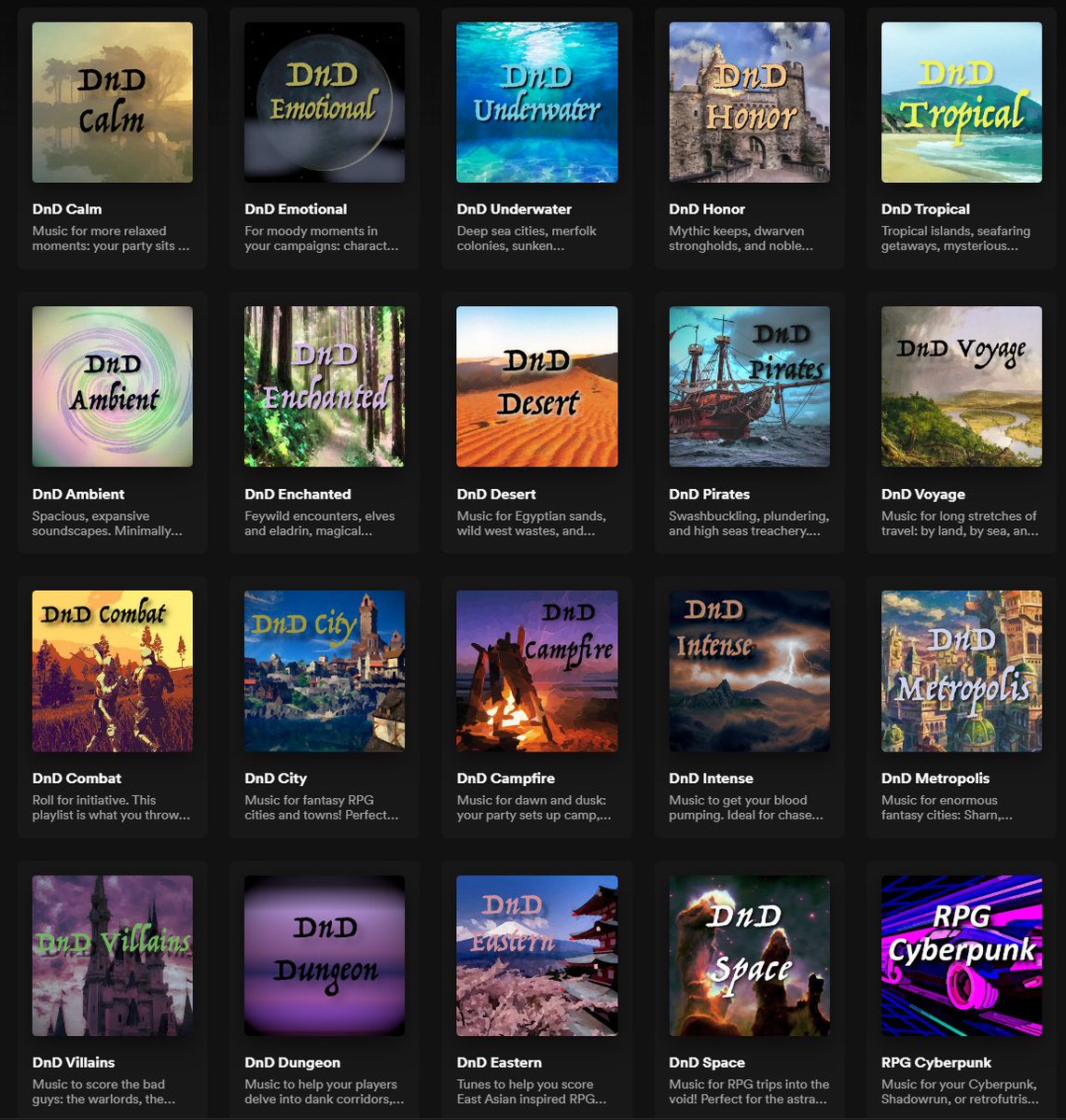 Did you know that I now have TWENTY different Spotify playlists to help you score any sort of RPG scenario?