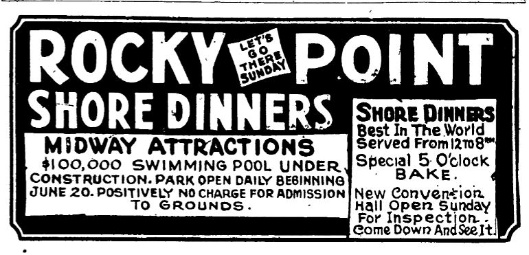 BethHurd_'s tweet photo. Rocky Point ad, the Pawtucket Times, June 13, 1925, page 10: $100,000 swimming pool under construction; new convention hall open Sunday for inspection; shore dinners, best in the world #RhodeIsland #Warwick https://t.co/8hXMLc67P7
