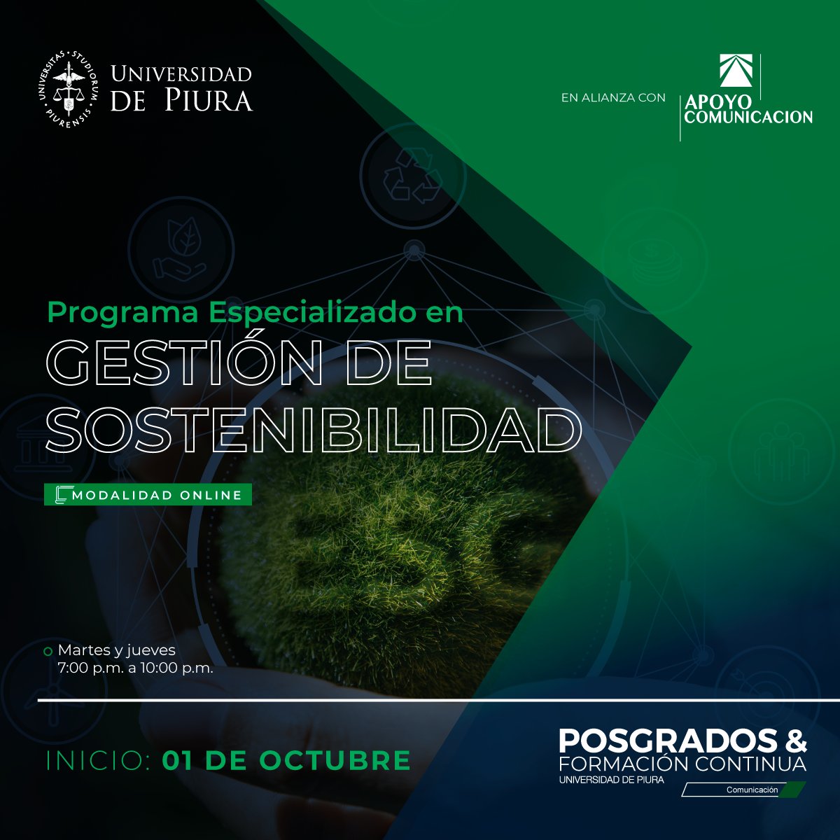 [LANZAMIENTO] Desarrolla planes estratégicos sostenibles que estén alineados a los objetivos de tu organización.
🕗15% de descuento hasta el 30 de julio.
📆Duración: 33 horas
🔴Más información, aquí: bit.ly/39ImPGf

#SostenibilidadUdep #sostenibilidad #RSE #ESG #UDEP