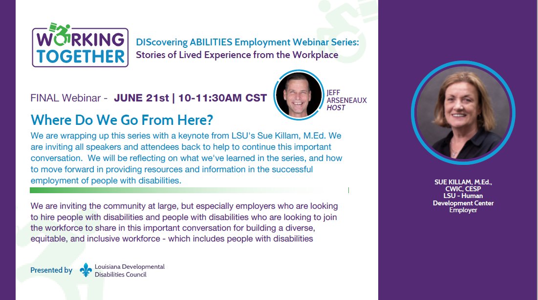 LaDDCouncil's tweet photo. Last chance to secure your spot for the final #DIScoveringABILITIES webinar! Sue Killam of #LSUHDC is excited to reflect with you on where weโve been/where we're going in employing People With Disabilities #PWD. Link here๐๐
https://t.co/7wyOalWea5
#LaDDC
#InclusiveEmployment https://t.co/vgsa9zLdl8