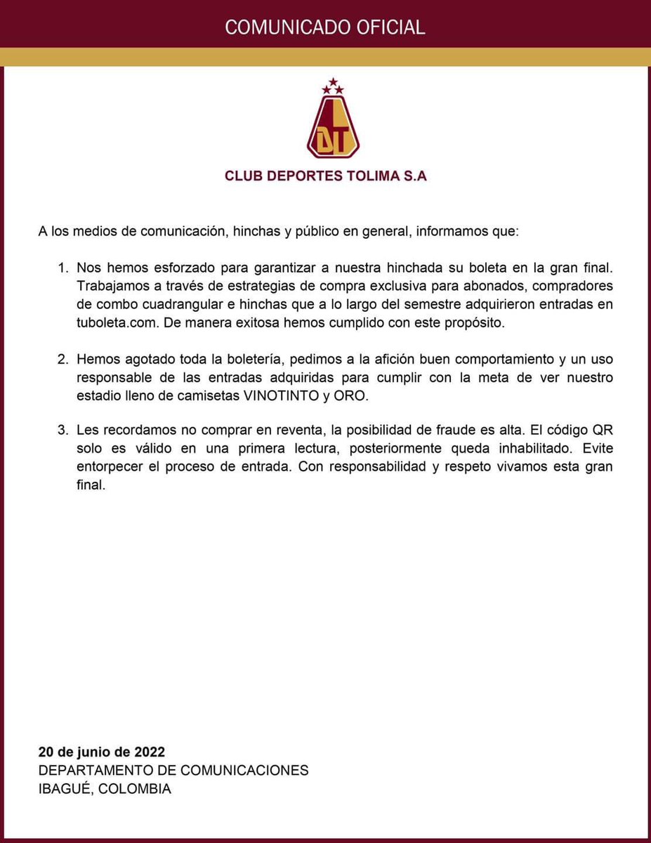 NotiExpress8's tweet photo. #ParaTenerEnCuenta agotada la boletería.👇Conozca el comunicado oficial del Club Deportes Tolima.
#NotiExpress https://t.co/4NQEDoGb5L