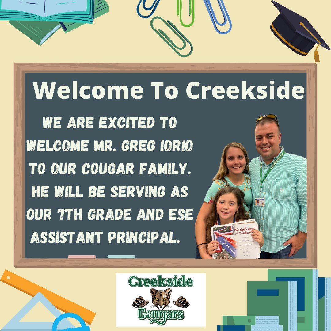 We are excited to welcome <a href="/misteriorio99/">Greg Iorio</a> to the Creekside Family! Mr. Iorio will serve as our 7th grade and ESE Assistant Principal. 

<a href="/volusiaschools/">Volusia County Schools</a> 
#CreeksideVCSRocks