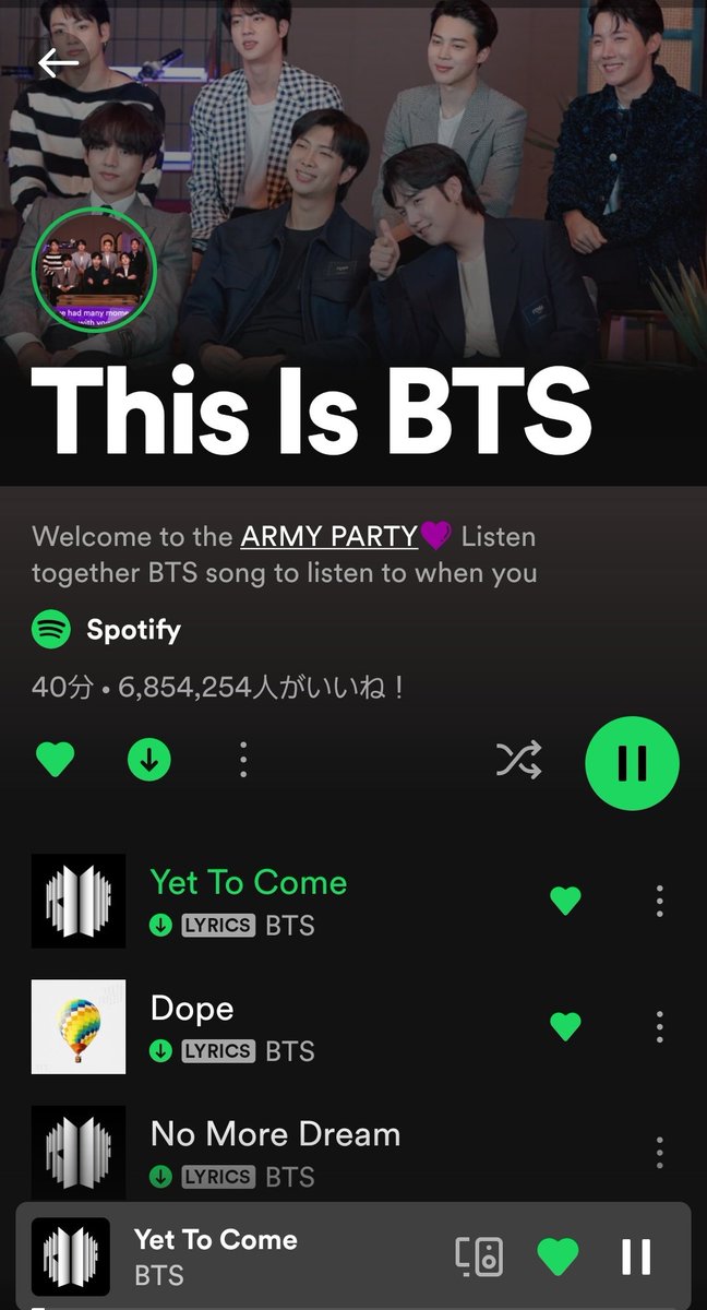 Now Playing
#BTS_Proof 
#YetToCome_BTS 
#SpotifyxBTS 
#ThisIsBTS