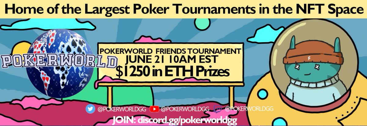 OG mint day is tomorrow (12pm EST) we'll be running a huge @PokerworldGG Friends #poker tournament!

We have an amazing #NFTcommunity, including <a href="/alienfrens/">alien frens</a> &amp; #AlienFrensEvolution holders!

Huge $1250+ prize pool, free for all #alienfrens!

Join now: discord.gg/pokerworldgg
