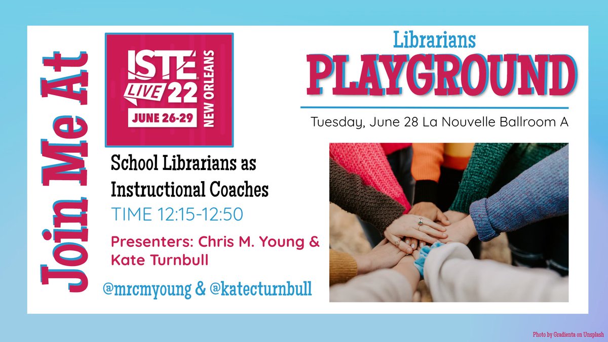 Don't miss the #ISTELive Librarians Playground! @mrcmyoung &amp; <a href="/katecturnbull/">Kate Turnbull</a> will share: School Librarians as Instructional Coaches @iste Playground schedule &amp; other #iste22 resources for librarians during our Preview &amp; Conference Tips webinars (6-21-22 11AM &amp; 12 PM EST).