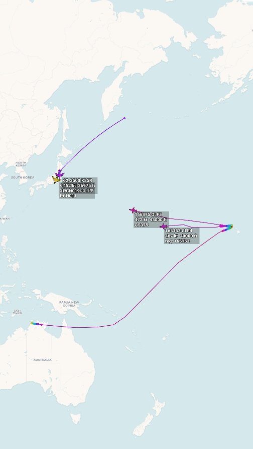 Oceanworldfree's tweet photo. 🇺🇲USN 165153 #AE0698
🇺🇲USN GS375 166375 #AE10C2
🇺🇲USAF RCH019 62-3500 #AE05A4
🇺🇲USAF RCH011 61-0321 #AE0262

#WPacific

Gulfstream Aerospace C-20G
Gulfstream Aerospace C-37A 
Boeing KC-135R
Boeing KC-135R https://t.co/gllf4oH3cm