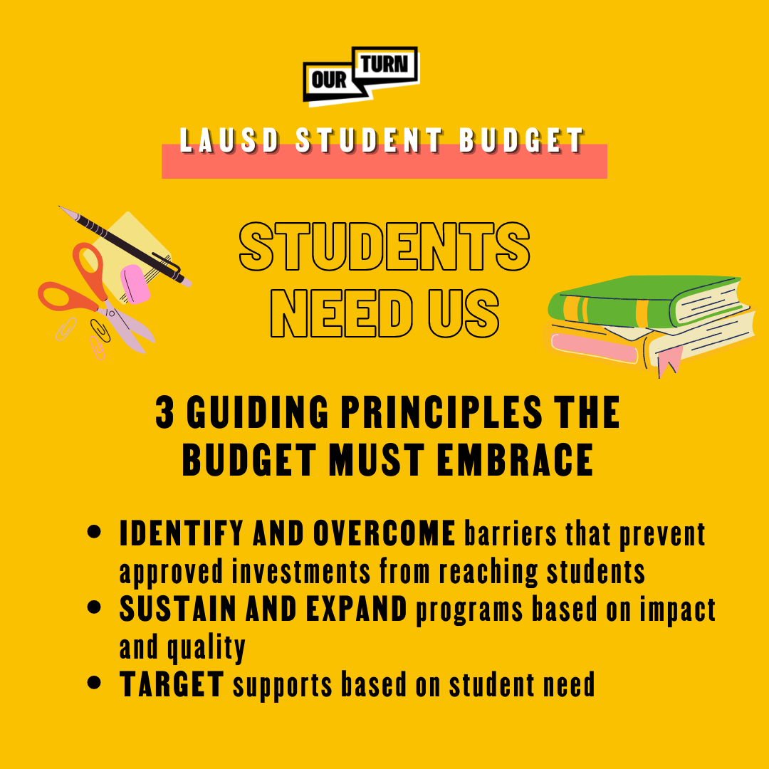 OurTurnCA's tweet photo. The @LAUSD budget must prioritize getting investments to students to help their academic recovery and strengthen their mental health and social-emotional well-being. We call on the Board to pass a budget that ensures that students who are struggling receive the support they need. https://t.co/3exqwGs7xH