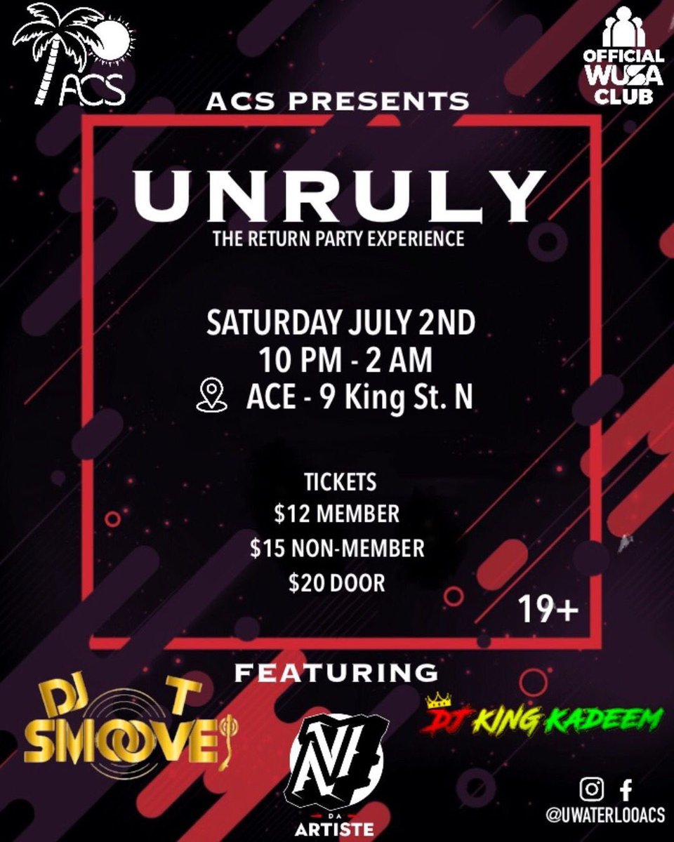We out and bad in de people fete!
And we causing trouble!🎶

UNRULY😈
The Return Party Experience 

🗓Saturday July 2nd, 2022
📍Ace Ping Pong Lounge
⏰10pm - 2am

$12 Members/ $15 Non-members/ $20 door 

Purchase tickets using link in IG bio! wusa.ca/event/unruly/