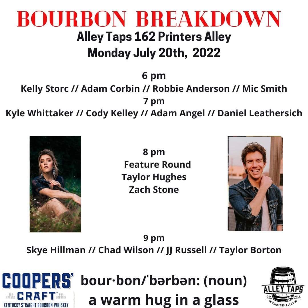 Playing in downtown Nashville tonight at 8PM! I’ll be one of the featured artists at <a href="/AlleyTaps/">Alley Taps</a> for Bourbon Breakdown with my buddy <a href="/ZachStone5/">Zach Stone Country</a>. Come on out! #Nashville #singersongwriter #countrymusic