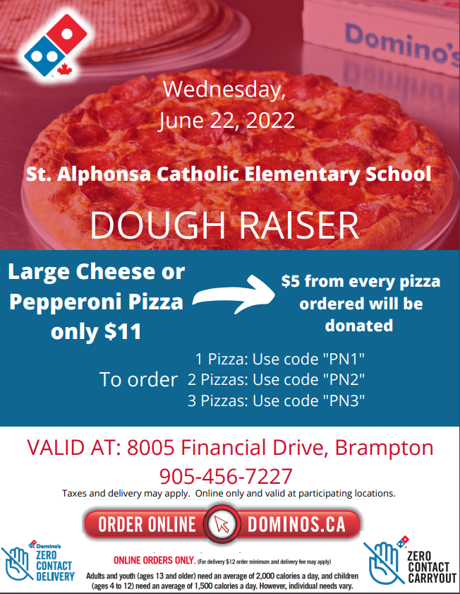Wed June 22nd is the last @stalphonsaDP Family Pizza Days fundraiser for this school year! Proceeds of pizza sales go to fund future school initiatives &amp; extracurricular activities. Place your order online &amp; pick up at Dominos located at 8055 Financial Dr. Details below 🍕🍕🍕