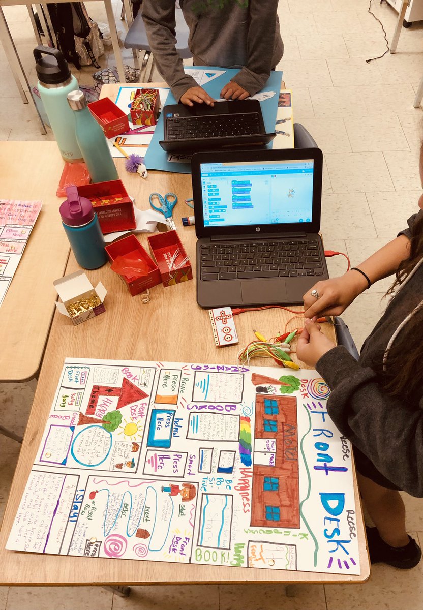 We coded our interactive reflections on "Front Desk" today thanks to a great how-to video we found from <a href="/dtangred/">Derek Tangredi</a>   Ss began to connect the Makey Makey and test their code. Making thinking visible both visually and orally. The recorded audio clips are so insightful! <a href="/NorthridgePS/">Northridge PS London</a>