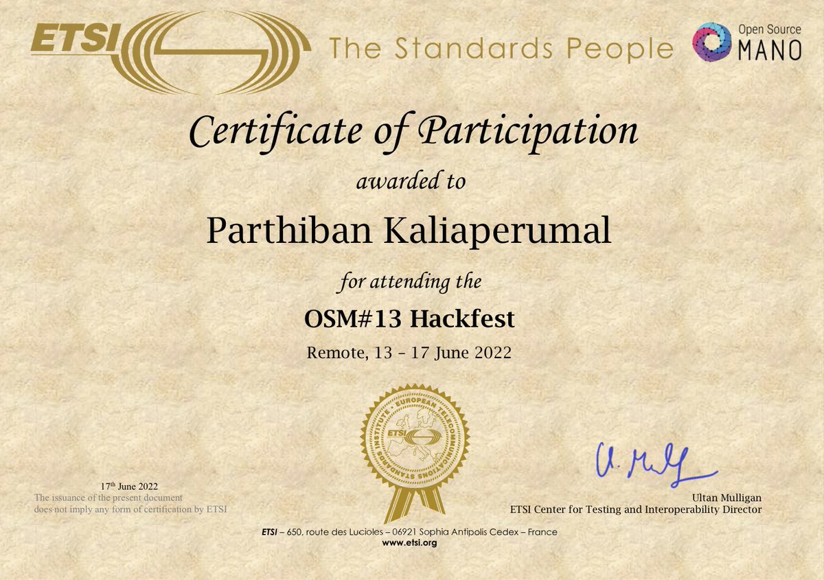 parthiiban's tweet image. Had a good week with @OpenSourceMANO and @ETSI_STANDARDS. Lot of learning’s from #OSMHackfest #OSMHackfest13. Well coordinated and good technical support from @OpenSourceMANO team.