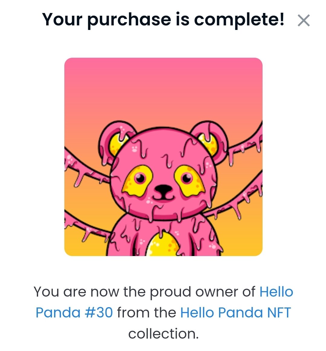 Oh yeah 🤩 Success just before bed! I bought this ooey gooey pink panda from <a href="/hellopandanft/">Hello Panda</a>
Such a cute collection!! 🐼
Thank you very much!

#NFTCommunity #nftarti̇st #NFTfam