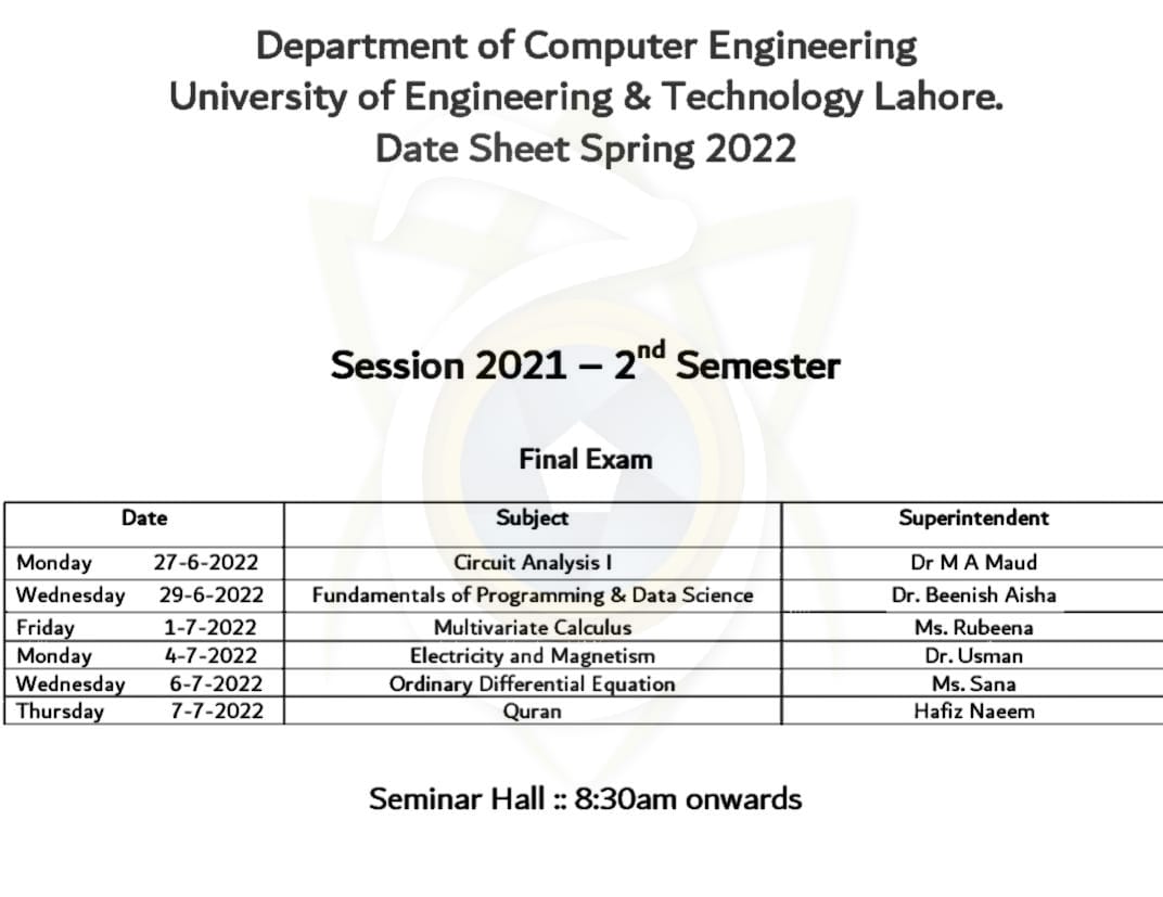 jasarat_uet's tweet photo. || Datesheet for spring 2022 computer engineering||
Final exam datesheet for 2nd semester of sessions 2021.
#JASARAT_UET #exams2022 #computer_engineering
𝐉𝐚𝐬𝐚𝐫𝐚𝐭 - 𝐓𝐡𝐞 𝐕𝐨𝐢𝐜𝐞 𝐨𝐟 𝐔𝐄𝐓 https://t.co/qTNRqw0jJ0