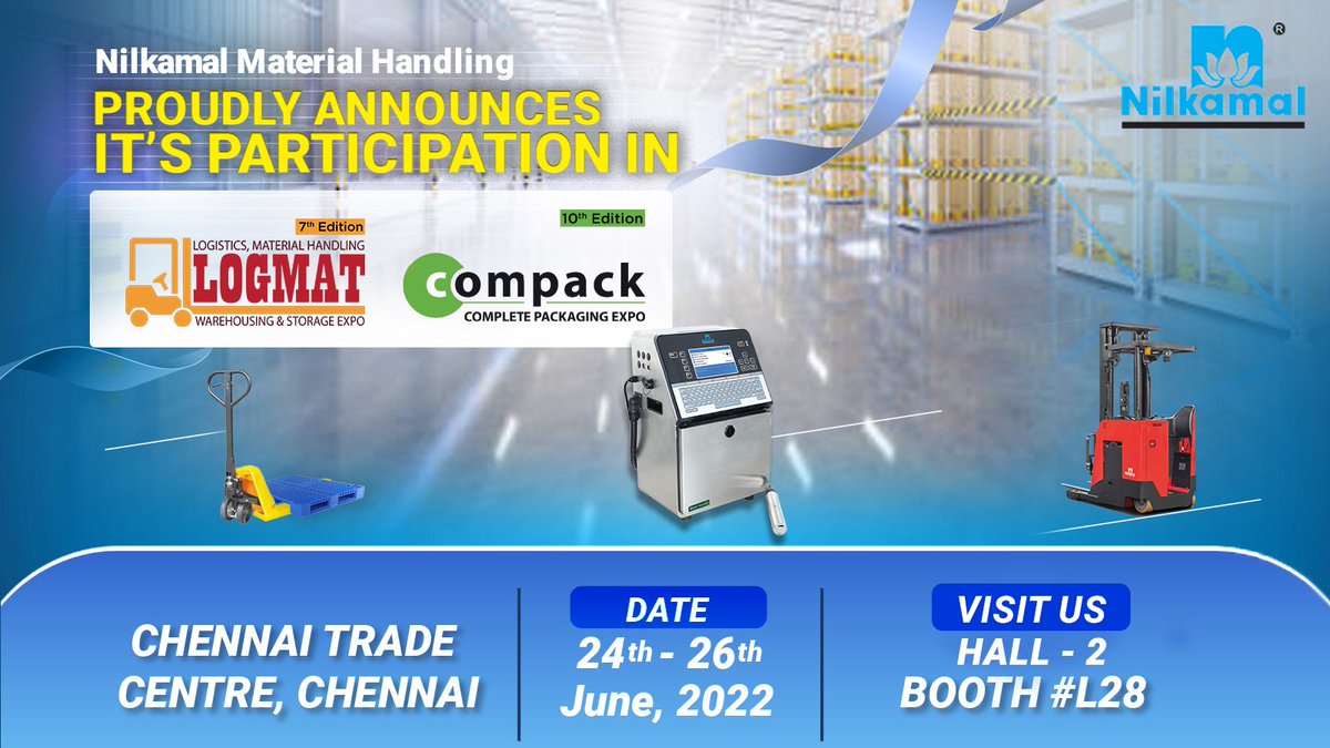 Nilkamal Material Handling proudly announces its participation in the 7th Edition of Logistics, Material Handling Warehousing & Storage Expo from 24th to 26th June, 2022.

#Nilkamal #MaterialHandling #NilkamalMaterialHandling #EmpoweringValueChain #Productivity #Efficiency