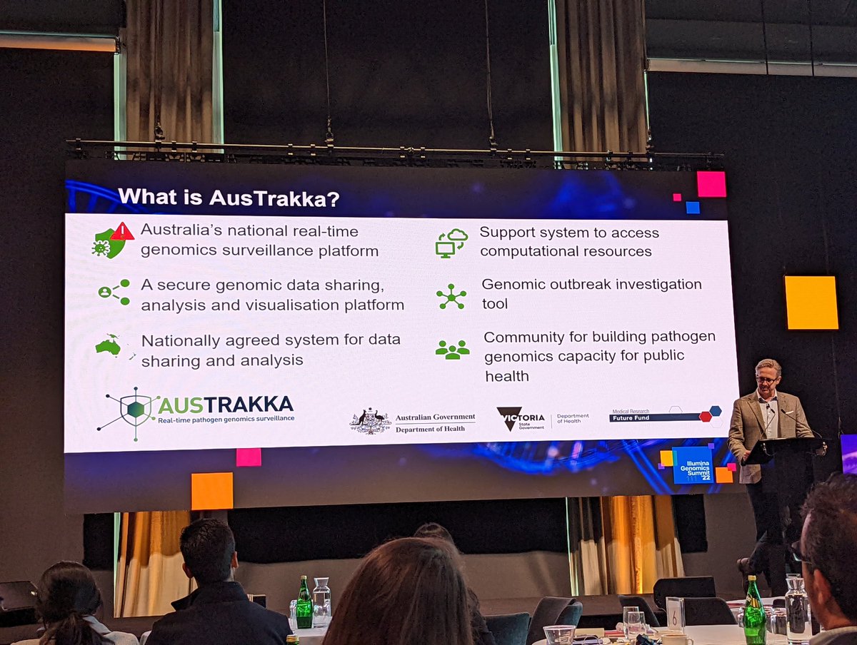 methylnick's tweet photo. Ben Howden speaking about #austrakka at @illumina @illuminaLive #genomicsSummit and a shout out to @torstenseemann too. #notonlyabioinformatician https://t.co/ZvlQZITiC9