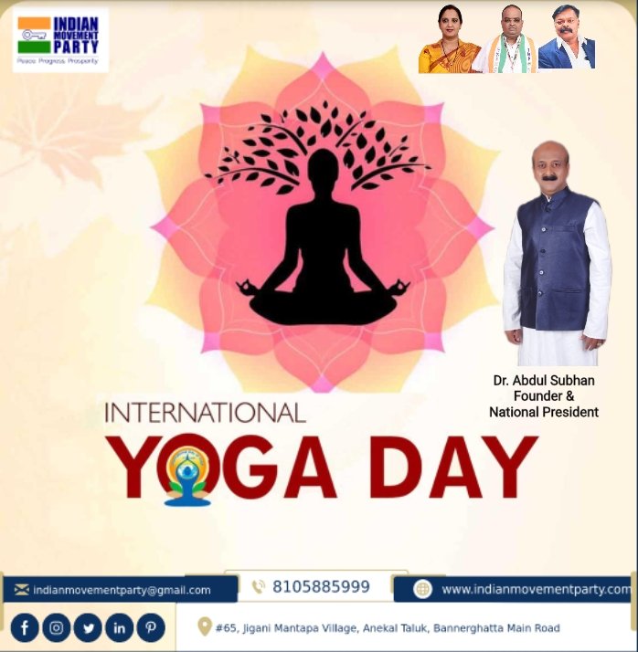 IMParty2023's tweet photo. Yoga is the key to being fit and healthy.
Yoga Strengthen our body, mind and soul! Let us pledge to practice yoga daily in and have a healthy lifestyle.
#InternationalDayofYoga
#InternationalYogaDay2022
#YogaForHumanity
#Indianmovementparty https://t.co/EPmY0pEboR