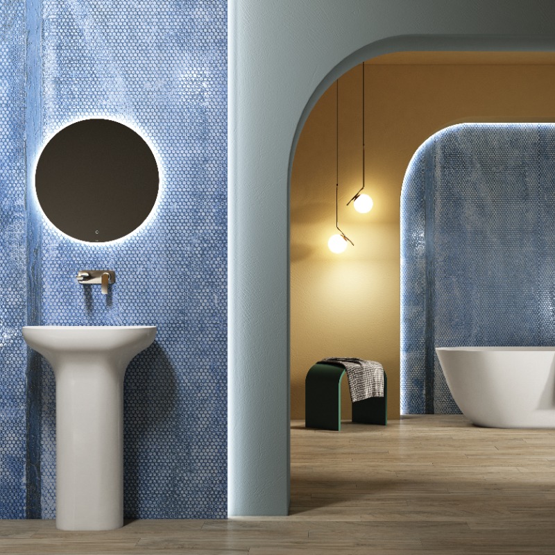 rakceramics's tweet photo. Add a splash of vibrancy to your bathroom interior with one of our newly launched megaslab tiles - Bubbles XL. The refreshing blue bubble design evokes pure joy &amp; playfulness. 

#RAKCeramics  #BathroomTiles #BathroomDesign  #BathroomDecor  #BathroomInspo