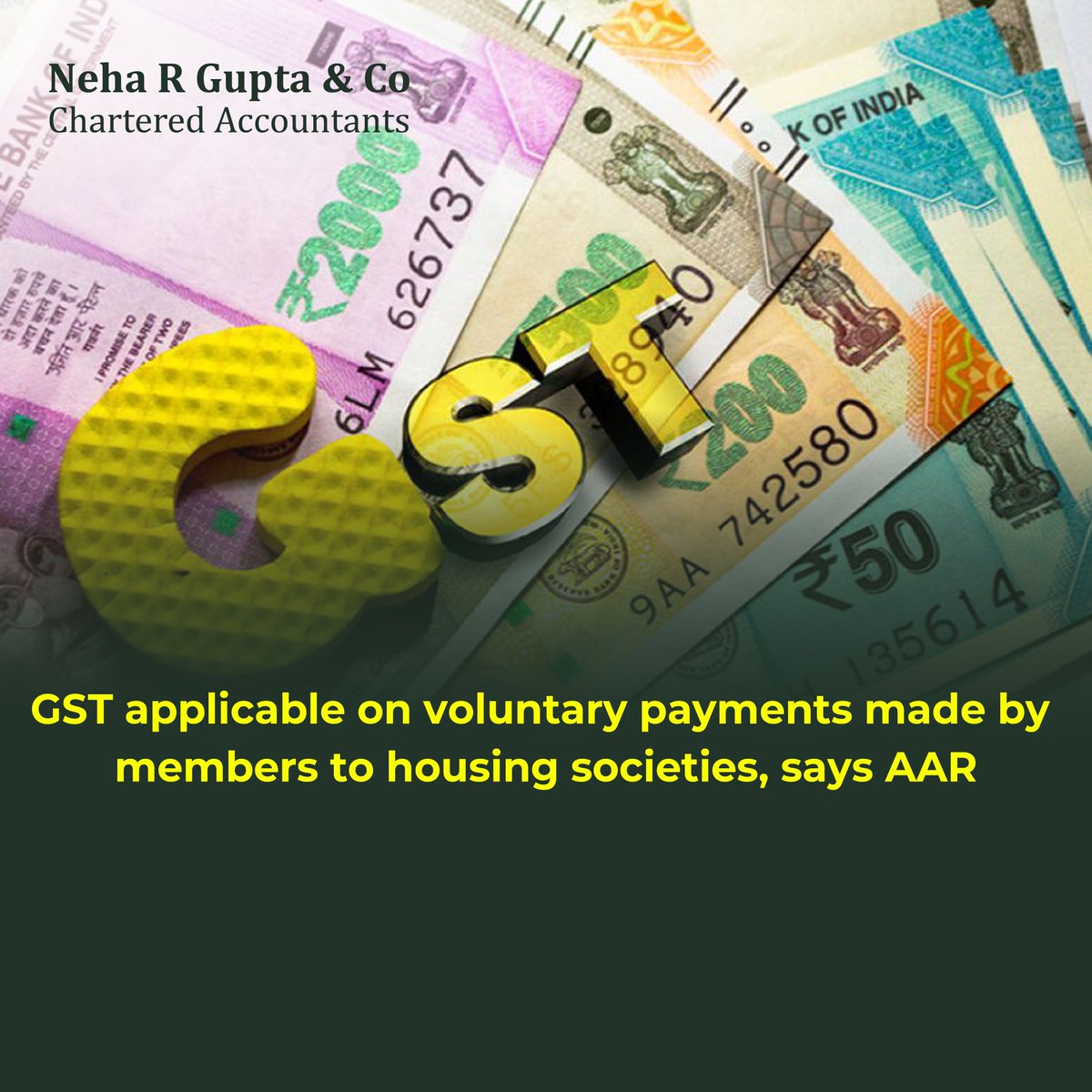 NehaRGuptaCo's tweet photo. An Authority for Advance Ruling (AAR) ruling has said that any voluntary payment made to a housing society by a member or a resident should attract Goods and Services Tax (GST).

Follow @NehaRGuptaCo for more
Stay tuned for all the updates!

#gst #aar #authorityofadvanceruling https://t.co/D19f5j19a9