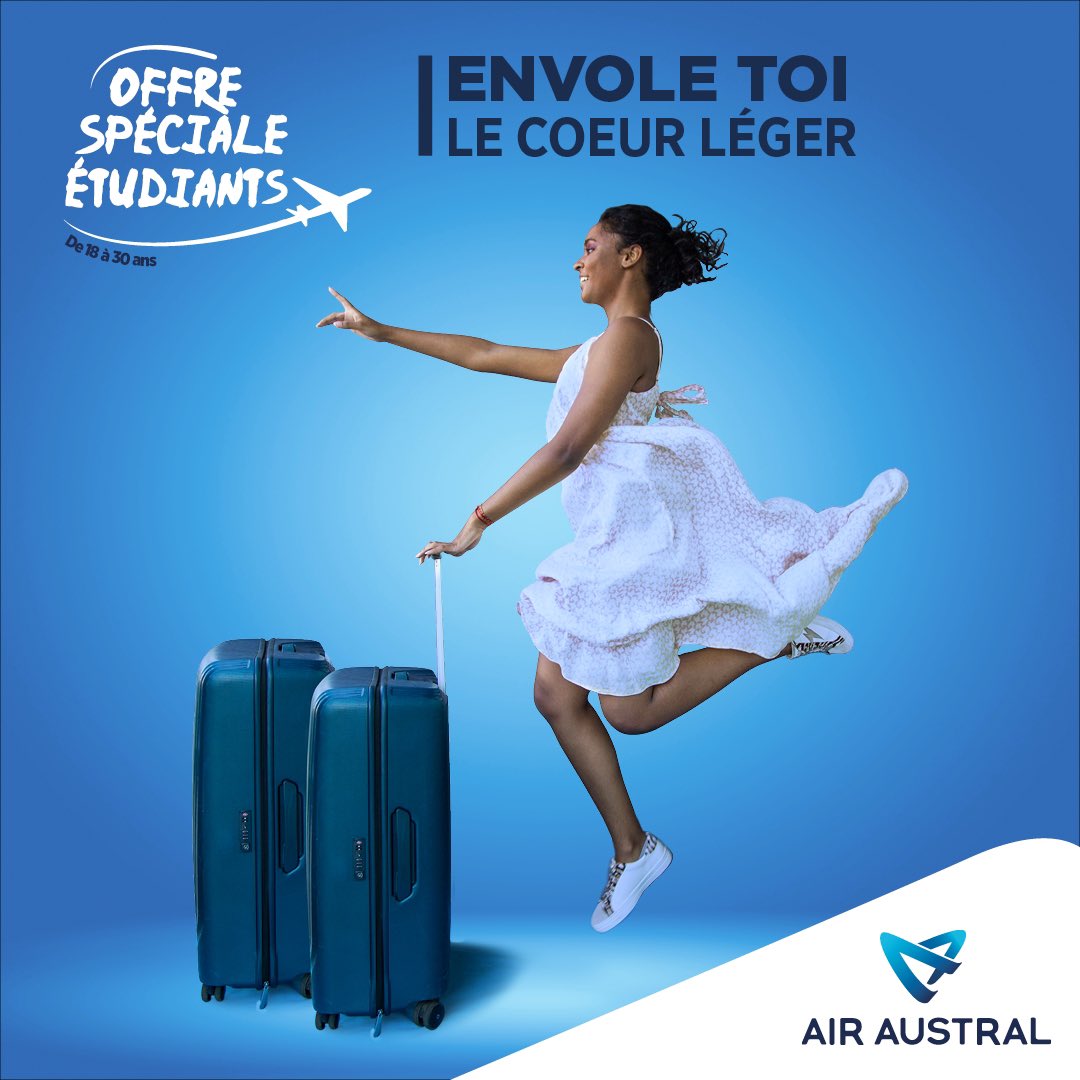 AIR AUSTRAL LANCE UNE « OFFRE SPECIALE ETUDIANTS » REMPLIE DE BONS PLANS
Tarifs spéciaux, franchise bagages avantageuse…et pour tout billet « offre speciale étudiants » acheté, une chance de remporter 10 mois de loyer !!! Rendez-vous vite sur 👉 air-austral.com/reservation/re…
