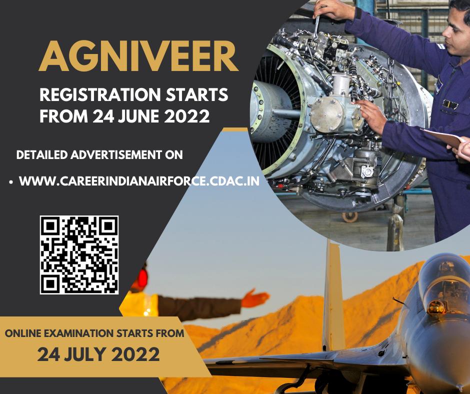 IAF_MCC's tweet photo. Join the Indian Air Force as an #Agniveer.

Registration for #AgnipathRecruitmentScheme starts from 24 June 2022 and ends on 05 July 2022.
Online examination starts from 24 July 2022.

For details, visit https://t.co/w1hj11fZ2K https://t.co/IHYz81kgxh
