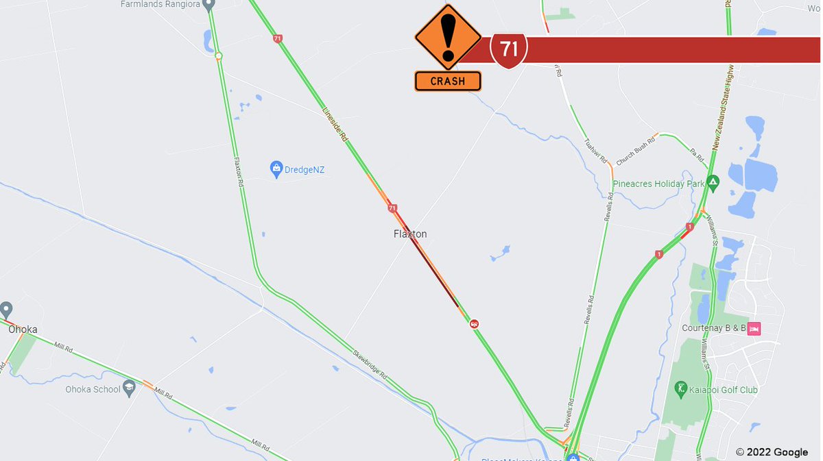 TransportChCh's tweet photo. SH71 LINESIDE RD, FERNSIDE, CANTERBURY - CRASH - DELAYS - TUE 21 JUN - 4:10 PM

A crash on SH71 Lineside Rd, at the intersection with Bramleys Rd has been reported. Motorists are advised to expect delays in this area. ^JP https://t.co/H18RETWABK
