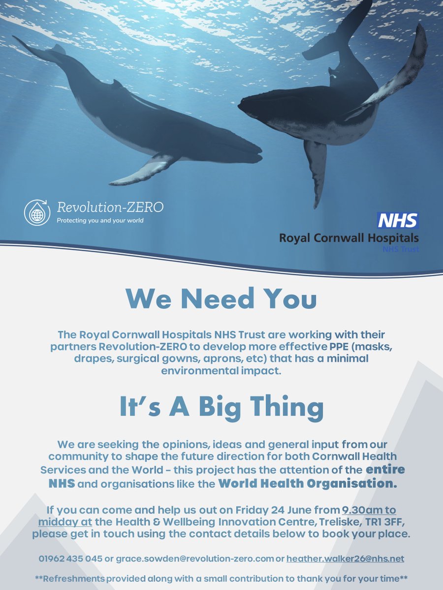 RevolutionZERO1's tweet photo. We need some help 🙏

If you know anyone from 3 - 103 years old near Truro, Cornwall that might be available this Friday morning please let us know 👇

We need their thoughts on single-use plastics and reuse in the NHS

Refreshments + small contribution provided

Please share/RT https://t.co/m6c84ksAZm