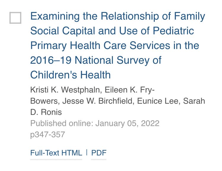 k_westphaln's tweet photo. Examining the relationship of #FamilySocialCapital and use of #pediatric #primaryhealthcare services #NationalSurveyOfChildrensHealth #NSCH @UCLANursing @efrybowers @DrSarahCLE #JournalOfPediatricHealthcare
https://t.co/YOIbeKr8CH https://t.co/sgIqGj2diT