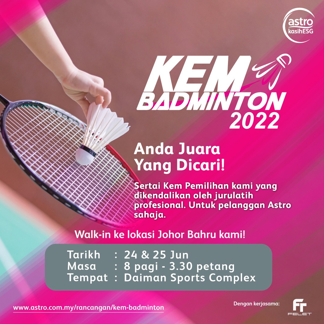 Astro Kem Badminton kini kembali! 🤩 Semua kanak-kanak berumur 10-12 tahun dijemput menyertai Kem Pemilihan dan berpeluang menjalani latihan bersama jurulatih professional.🏸  T-shirt akan diberikan di lokasi selepas pendaftaran.

#AKB2022 #kembadminton #astrokasihesg #astroarena