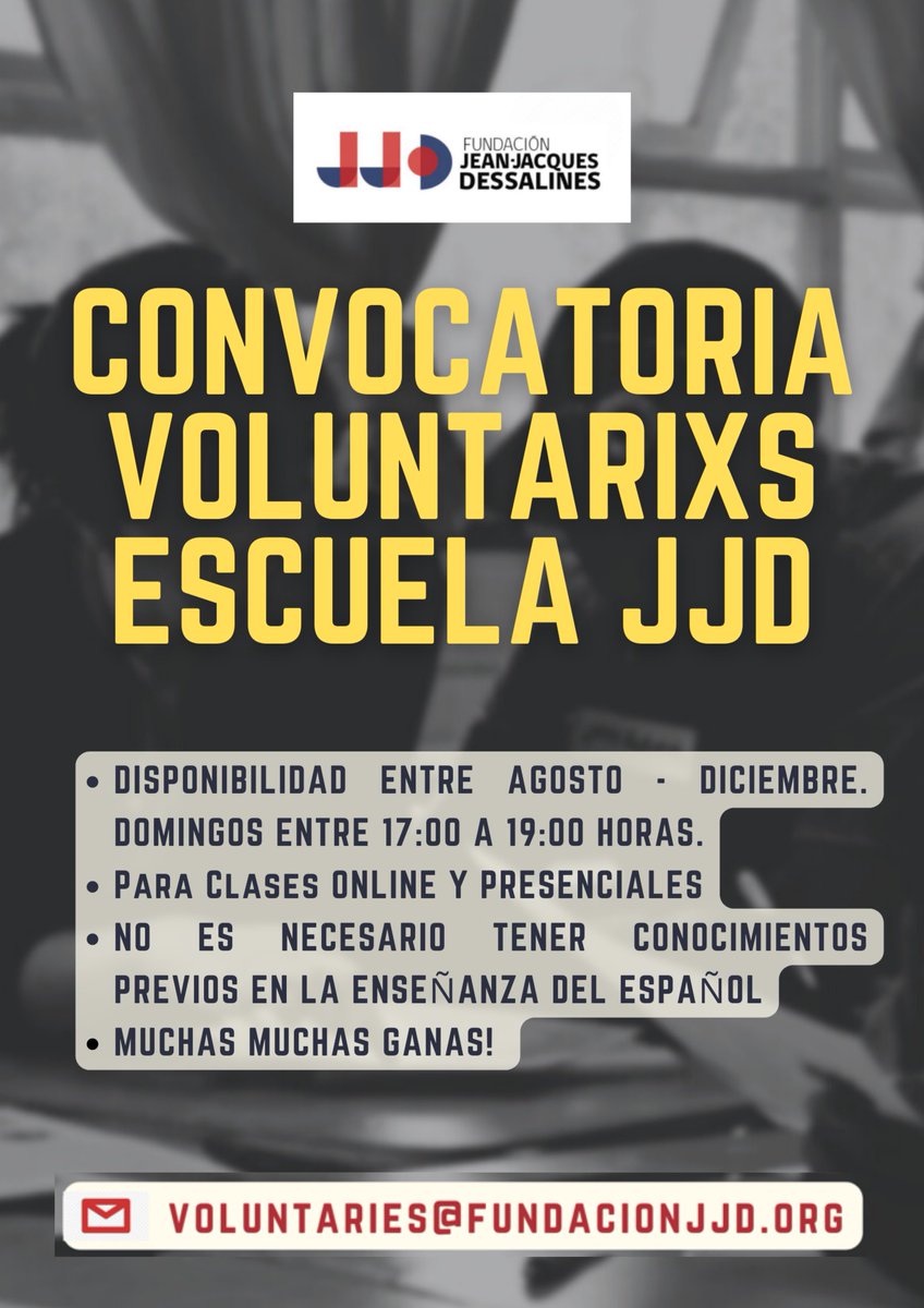 escuelaJJD's tweet photo. #ConvocatoriaVoluntarixs  🇨🇱🇭🇹

¿Te gustaría ser voluntarix JJD y ser profe de español como lengua extranjera para personas de la comunidad migrante haitiana? 

🔔 ESCRÍBENOS A voluntaries@fundacionjjd.org y completa el #FORMULARIO ▶ https://t.co/SNcF9AnRrt 

Agradecemos RT⚡️ https://t.co/z7byfMvn4H