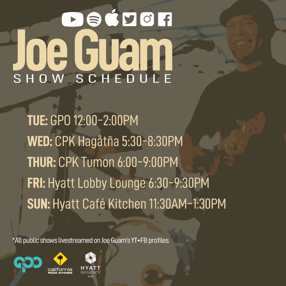 joeguam's tweet photo. HÅFA ADAI! Here’s my show schedule for this week, would love to play for you sometime at either @gpoguam, @cpkguam, or @hyattguam!⁣

Saina ma’åse!

All public shows livestreamed on Joe Guam’s FB•YT profiles. https://t.co/AB5mooAE6u