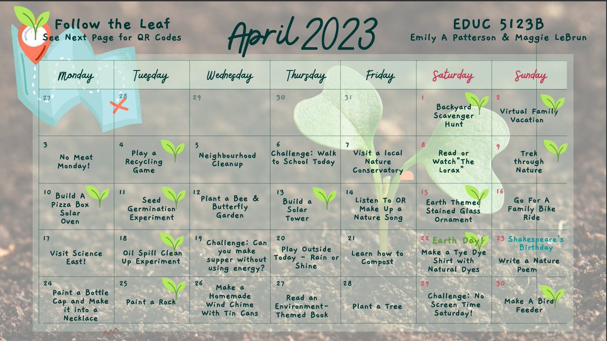 EmTheTeacher's tweet photo. Maggie and I made this earth-themed/environmental awareness-themed calendar for April 2023! @Leo_JamesLeves #STUBED2022 https://t.co/AjGeDvBnIO