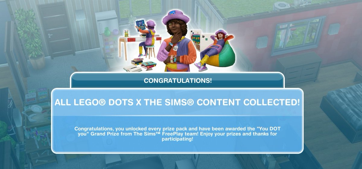 Yaaaaaay! I finished the LEGO DOTS x The Sims live event this morning!🙌🥳 It runs for about 5 more weeks, make sure you jump in 💚
#TSFPxLEGODOTS #YouDOTYou @TheSimsFreePlay